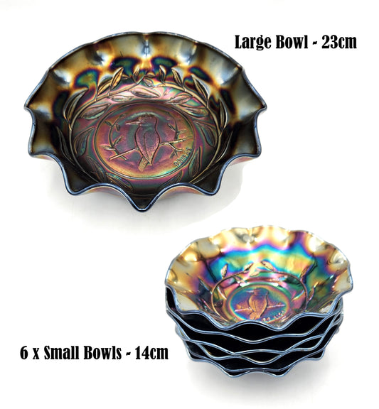 Australian Carnival Glass Dark Kingfisher - 7 Pce Bowl Set (R.D 4184)