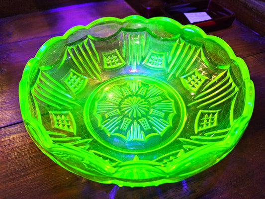 Uranium Glass - Stamped Glass Bowl - 20cm