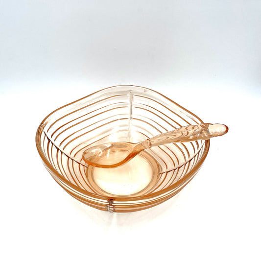 Pink Depression Glass Salad Bowl and Spoon - 24cm