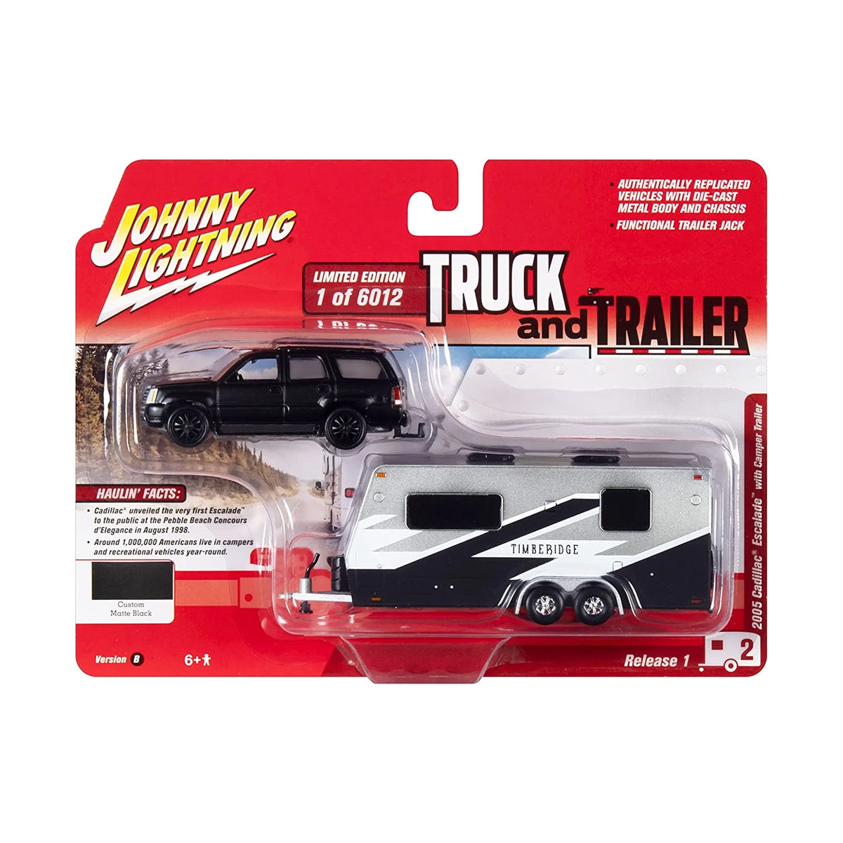 Johnny Lightning - 2021 Truck and Trailer R1 - 2005 Cadillac Escalade with Camper (Matte Black)