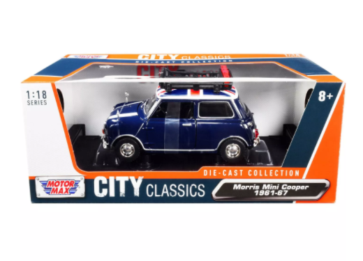 Motormax Morris Mini Cooper w/Rack (Blue) 1:18 Scale