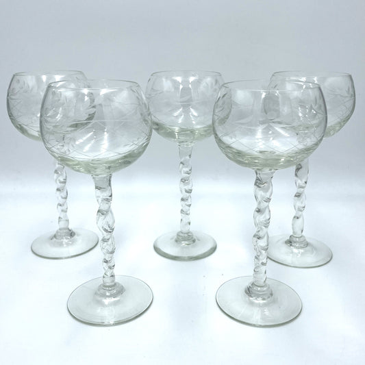 Five Etched Coupe Glasses with Twisted Stems - 17cm