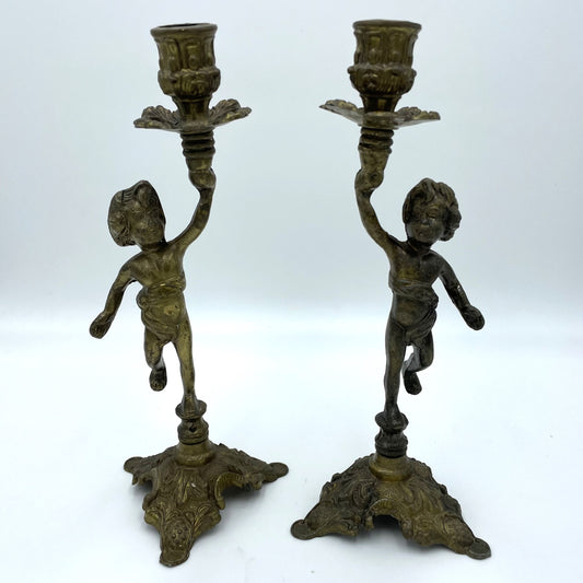 Italian Brass Cherub Candle Holder Pair - 25cm