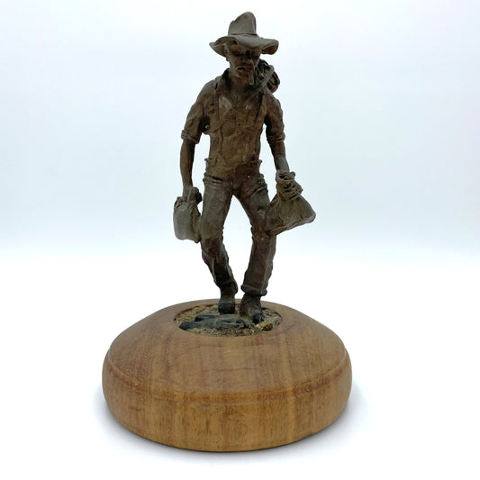 Bronze Swagman Statue on Wooden Stand - 20cm