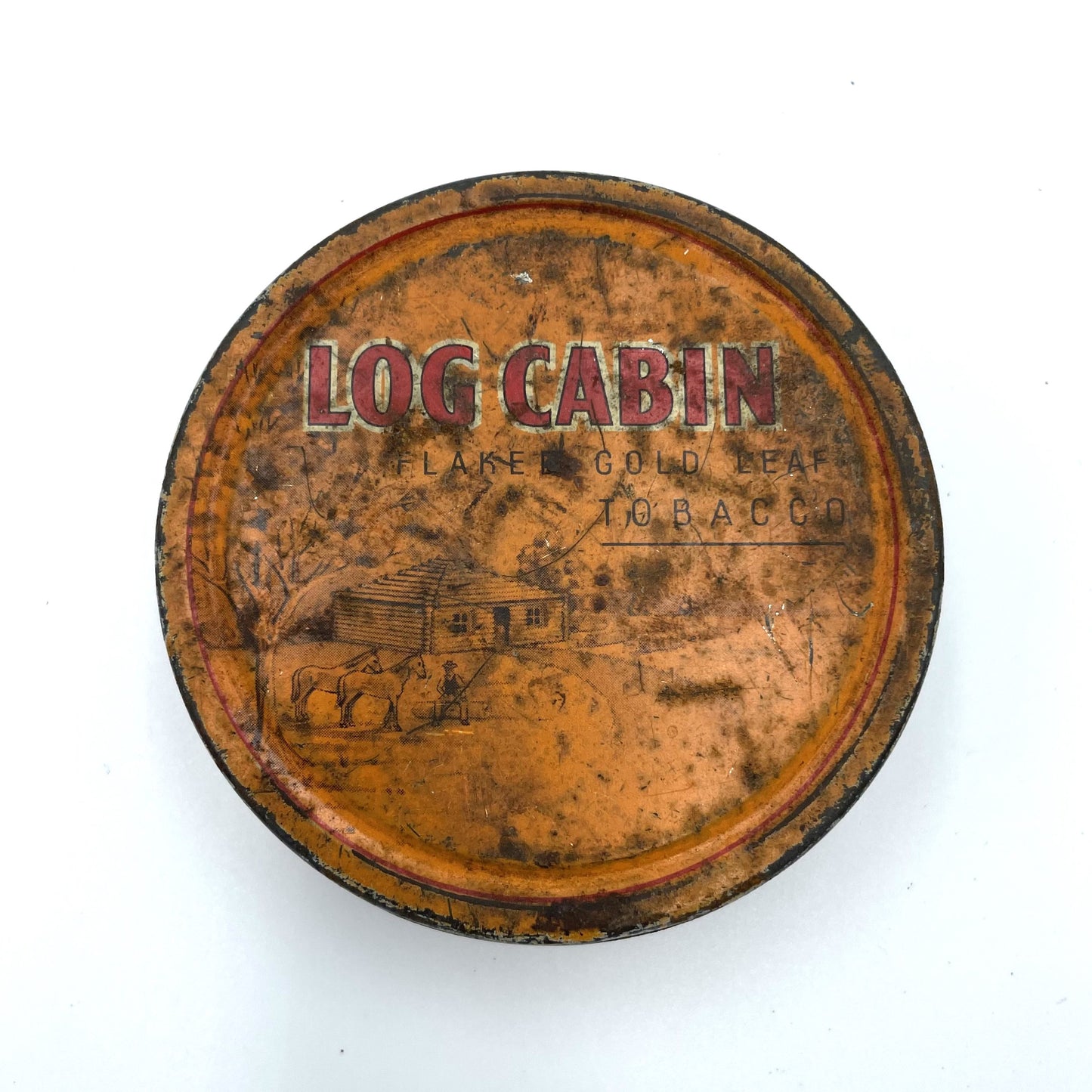 Vintage Log Cabin Flaked Gold Leaf Tobacco Tin - 8cm