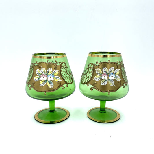 Pair of Green Venetian Murano 24k Gold Goblets - 13cm