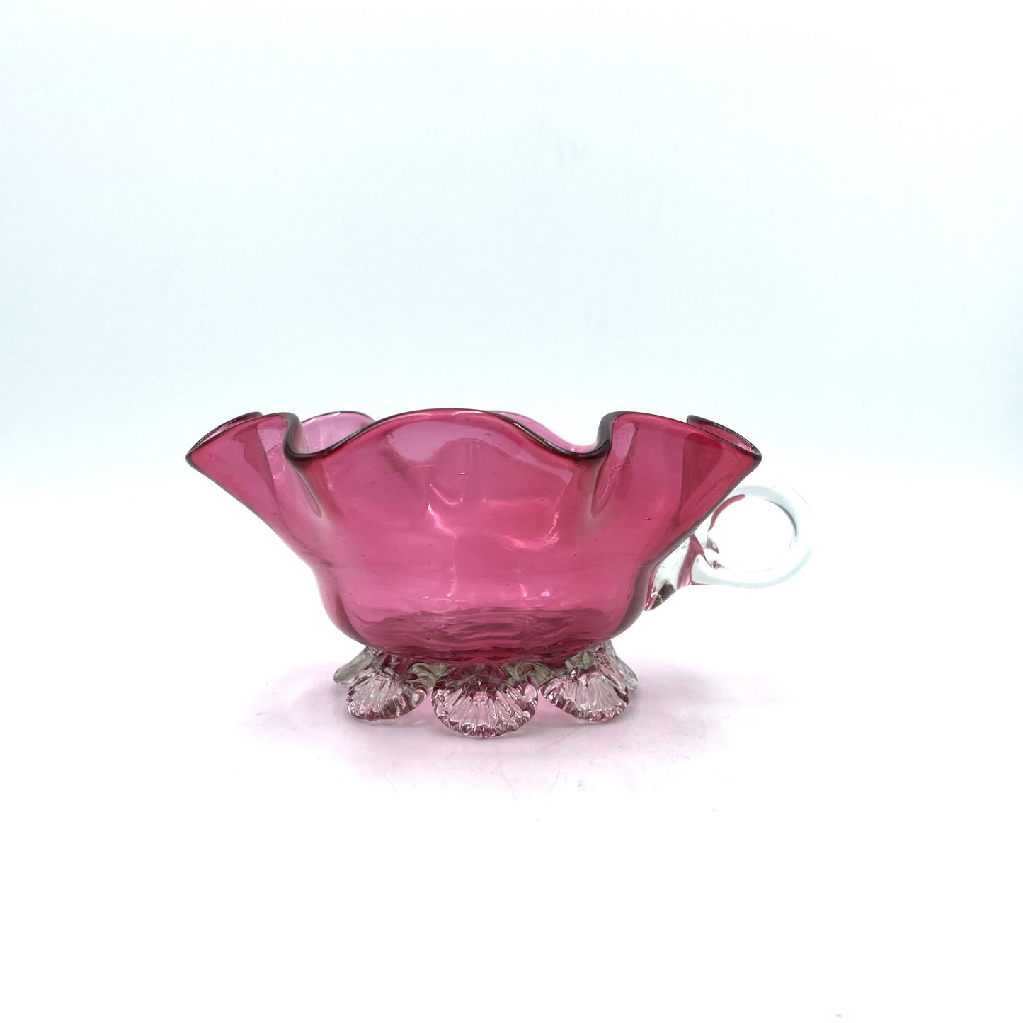 Handblown Cranberry Glass Bowl w/ Handle - 15cm