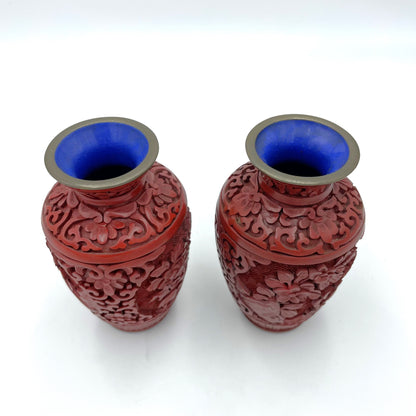 Vintage Pair of Carved Cinnabar Lacquer Cloisonne Vases - 10cm-