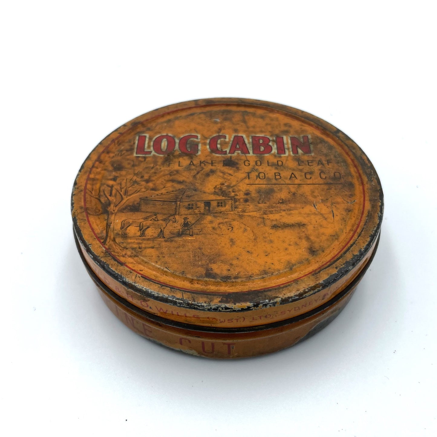 Vintage Log Cabin Flaked Gold Leaf Tobacco Tin - 8cm