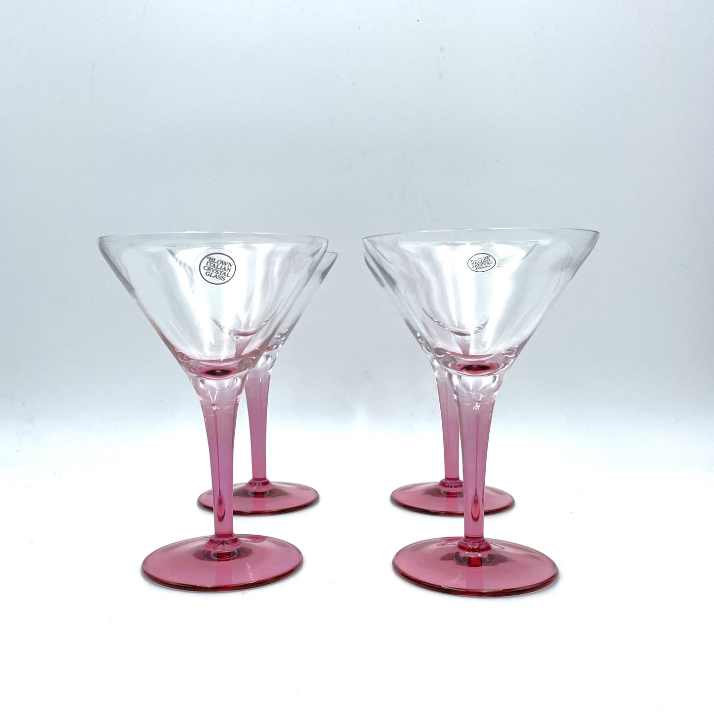 Four Handblown Pink Stem Martini Glasses made in Italy
