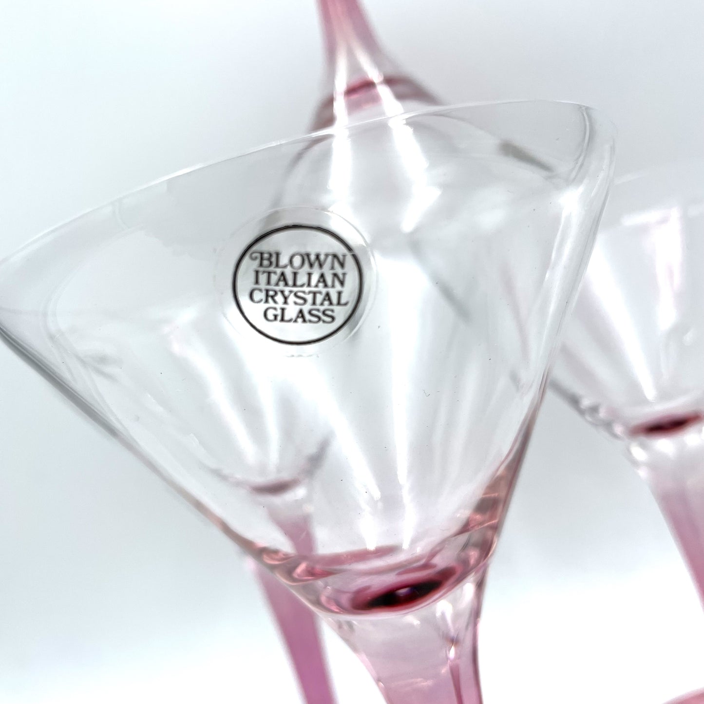 Four Handblown Pink Stem Martini Glasses made in Italy