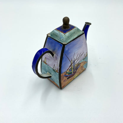 Vintage Miniature Sailboat Themed Enamel Teapot - 7cm